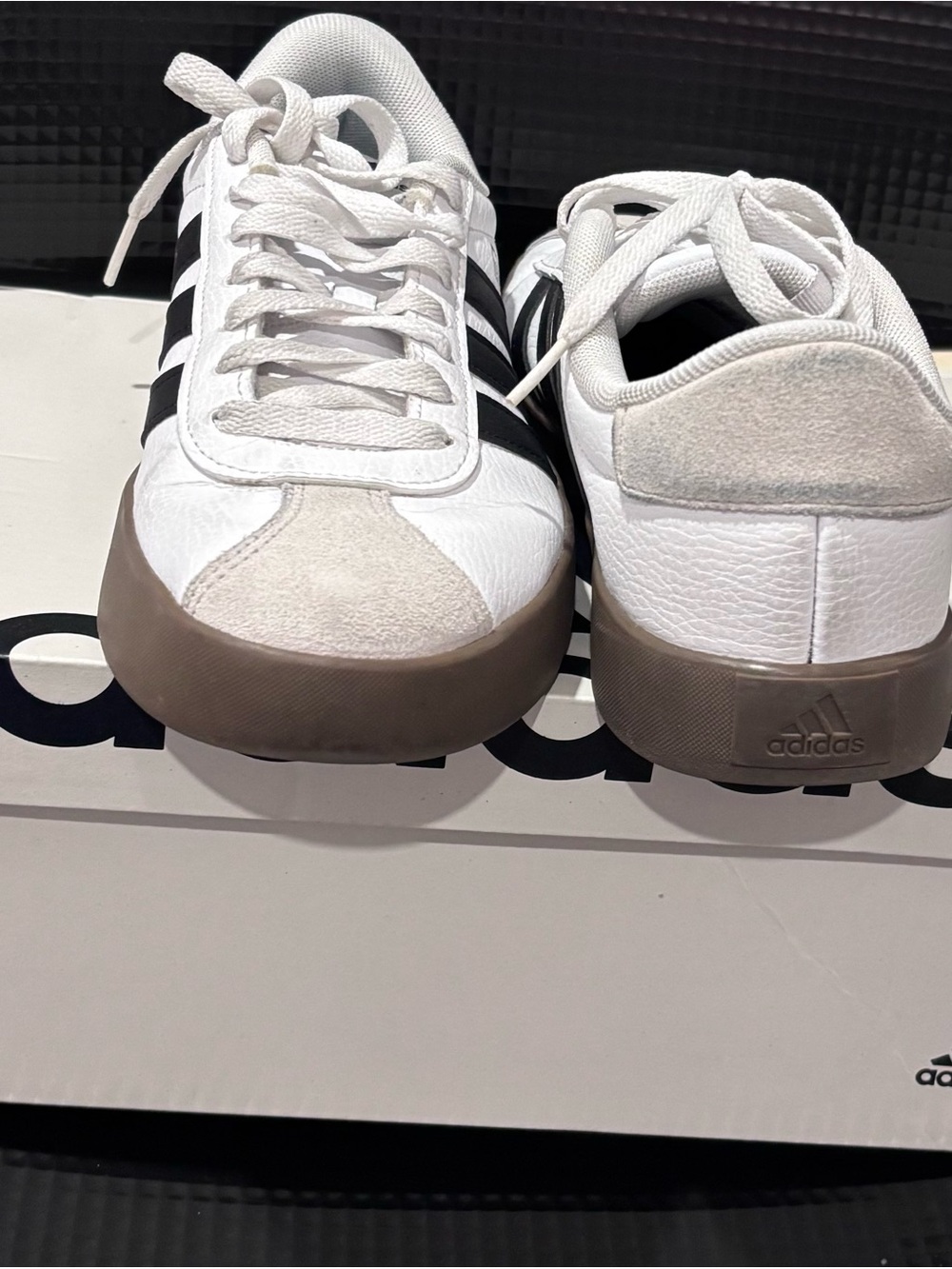 adidas White Sneakers with Black Stripes and Brown Outsole